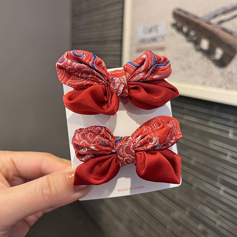 Children's Chinese New Year Red Embroidered Bow Hair Clip & Ties for Hanfu Style