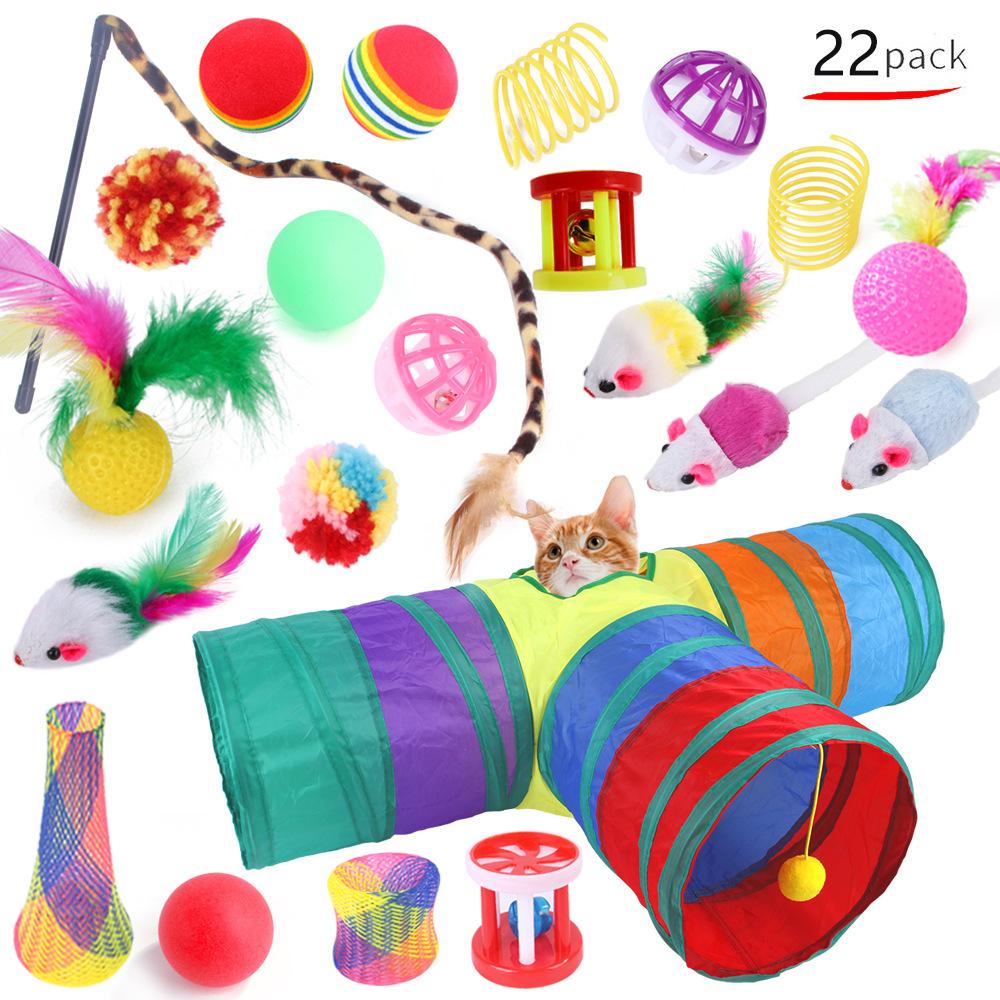 Cat toys, pet toy combination set, cat teaser cat stick rainbow three-channel cat supplies 22-piece set