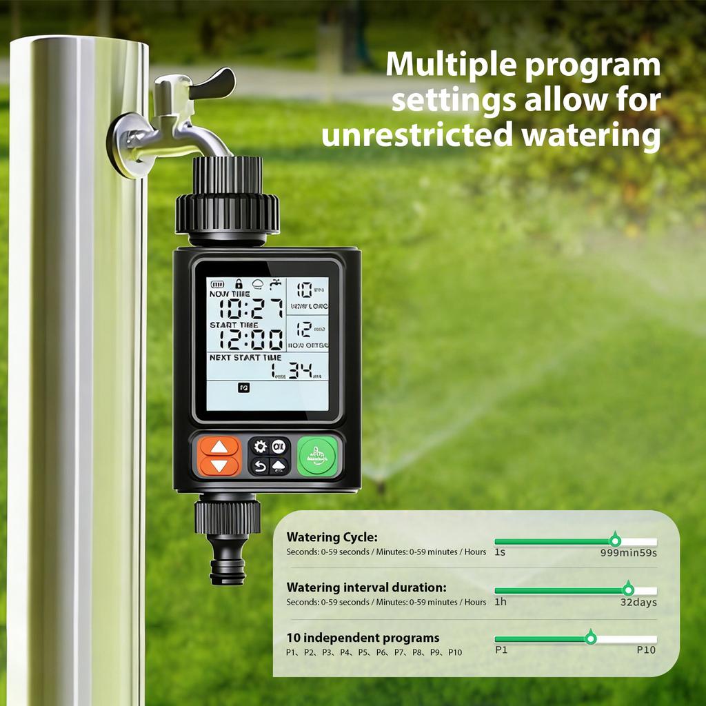 Water Timer Garden Hose Sprinkler Timer 10 Programmable Automatic Rain Delay 3.3 Inch LCD Screen IP54 Rainproof