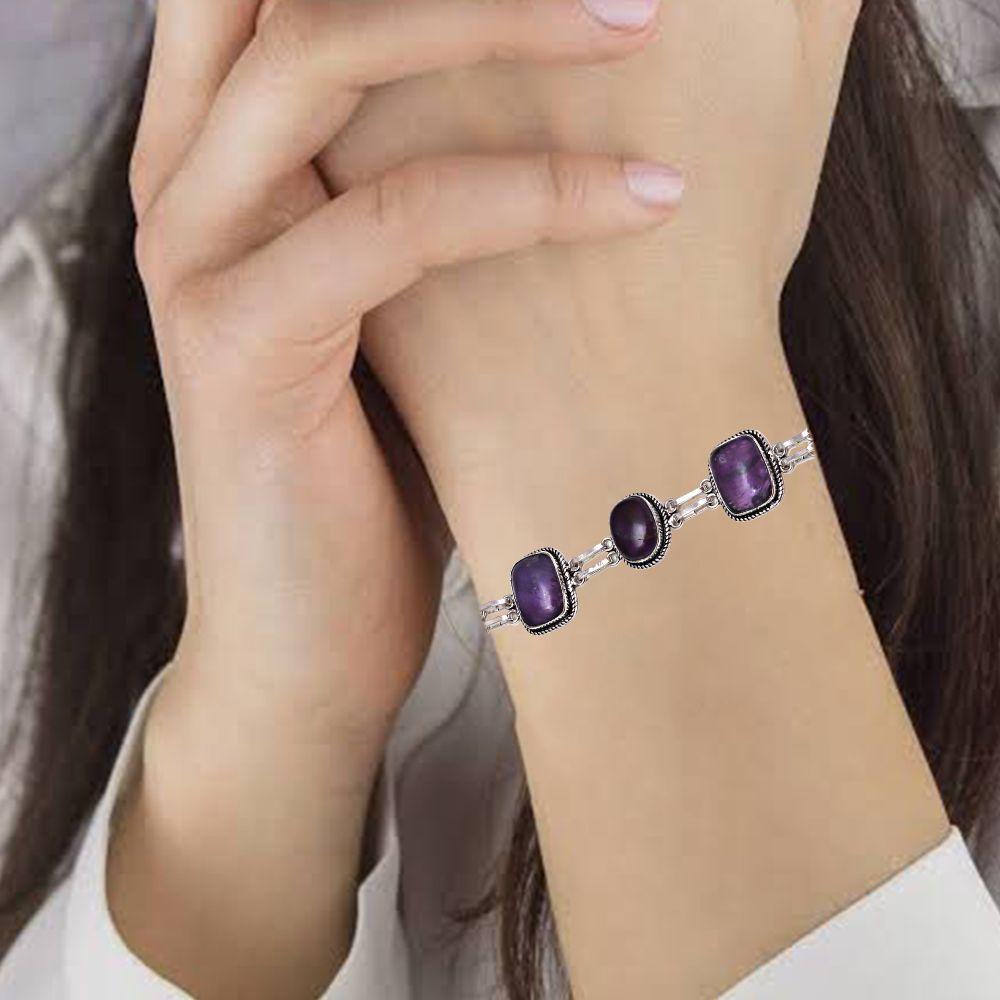 Amethyst Cabochon Gemstone Jewelry Bracelets 7''Adjusable