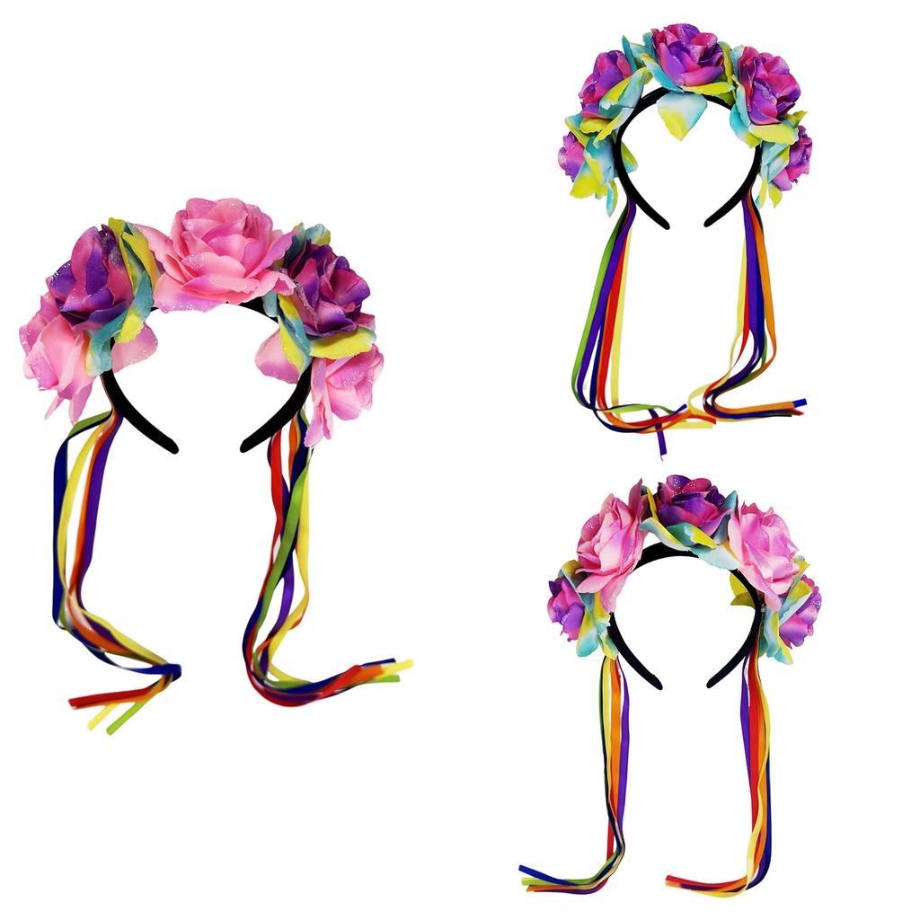 Floral Hairband Rainbow Rose Hair Hoop Halloween Decorative Tassels Role Play Costume Proms Party Live Show Headwear