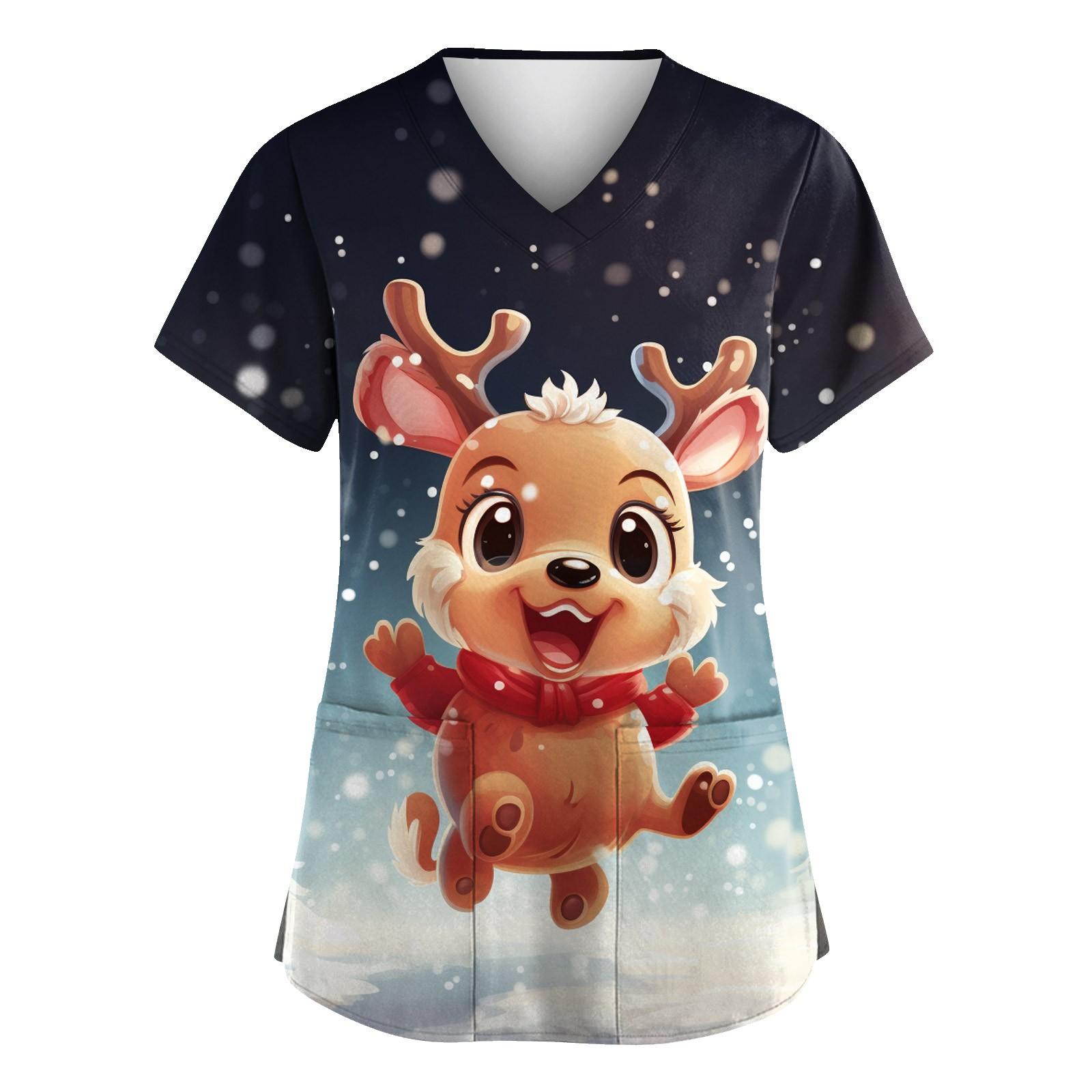 

Женская мода с v-образным вырезом, короткими рукавами и карманами, топы с принтом M