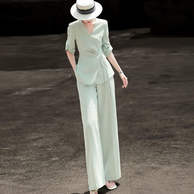 Lanse er Elegant V-Neck Suit & Wide-Leg Pants Set L