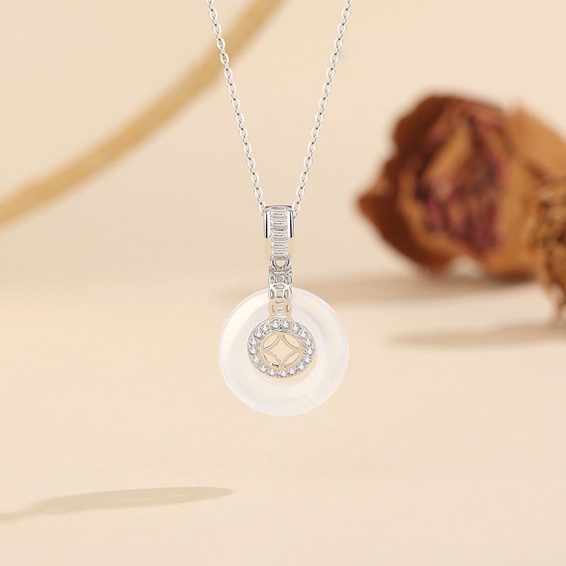 Tichiya S925 Sterling Silver White Agate Necklace: Chinese Style Luxury with Copper Coin Pendant. S925 Silver