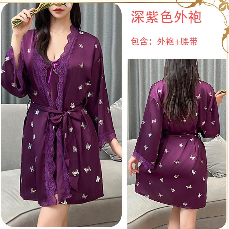 Ice Silk Pajamas Female Butterfly Print Suspender Chest Pad Comfortable Nightdress Fairy Loungewear Set