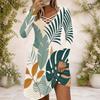 Women Criss Cross V Neck Long Sleeve Tropical Leaf Printed Fitted Curved Hem Dress