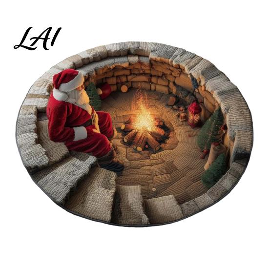 Christmas Floor Mat Round 3D Rug Optical Illusion Area Santa Claus Gnome Quilted-Like Patterned Rug Anti-slip Washable for Living Room Bedroom
