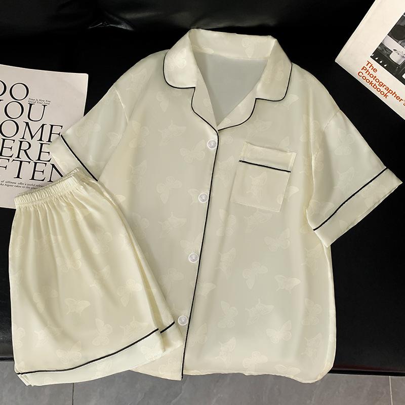 Leichter Luxus High-End Kalte Seide Kühl Schmetterling Jacquard Pyjama Damen Sommer Kurzarm Lässig Loungewear Set