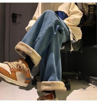 Men's Thick Fleece Loose Jeans Korean Street Baggy Warm Premium Velvet Straight Leg Wide Leg Pants Winter Lined Wool Denim
