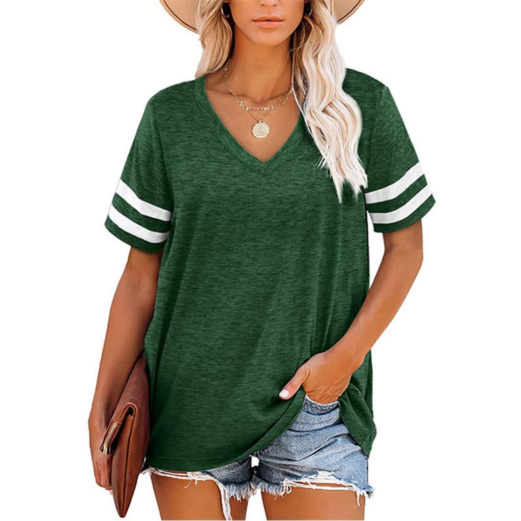 Sommer Neues Damen locker V-Ausschnitt gestreiftes Kurzarm-T-Shirt, lässiges Oberteil für Damen, grenzüberschreitende Kleidung