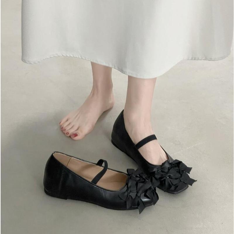 Designer Square Toe Flat Women Mary Jane Shoes Concise Slip on Flowers ballet Shoes Eelgant Woman Butterfly-knot Dress Shoes