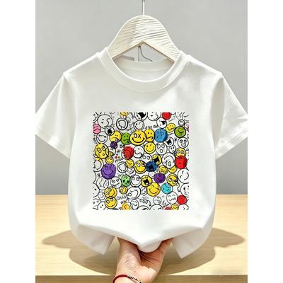 European Sizes Kids' Smiling Face Expression Creative Building Blocks Graffiti Print Short Sleeve T-Shirt Trendy Fashion Top Soft Breathable
