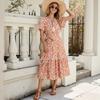 A Vacation-style Short-sleeved Floral Floral Dress with A Cinched-waist Tie and Cotton Silk Beach