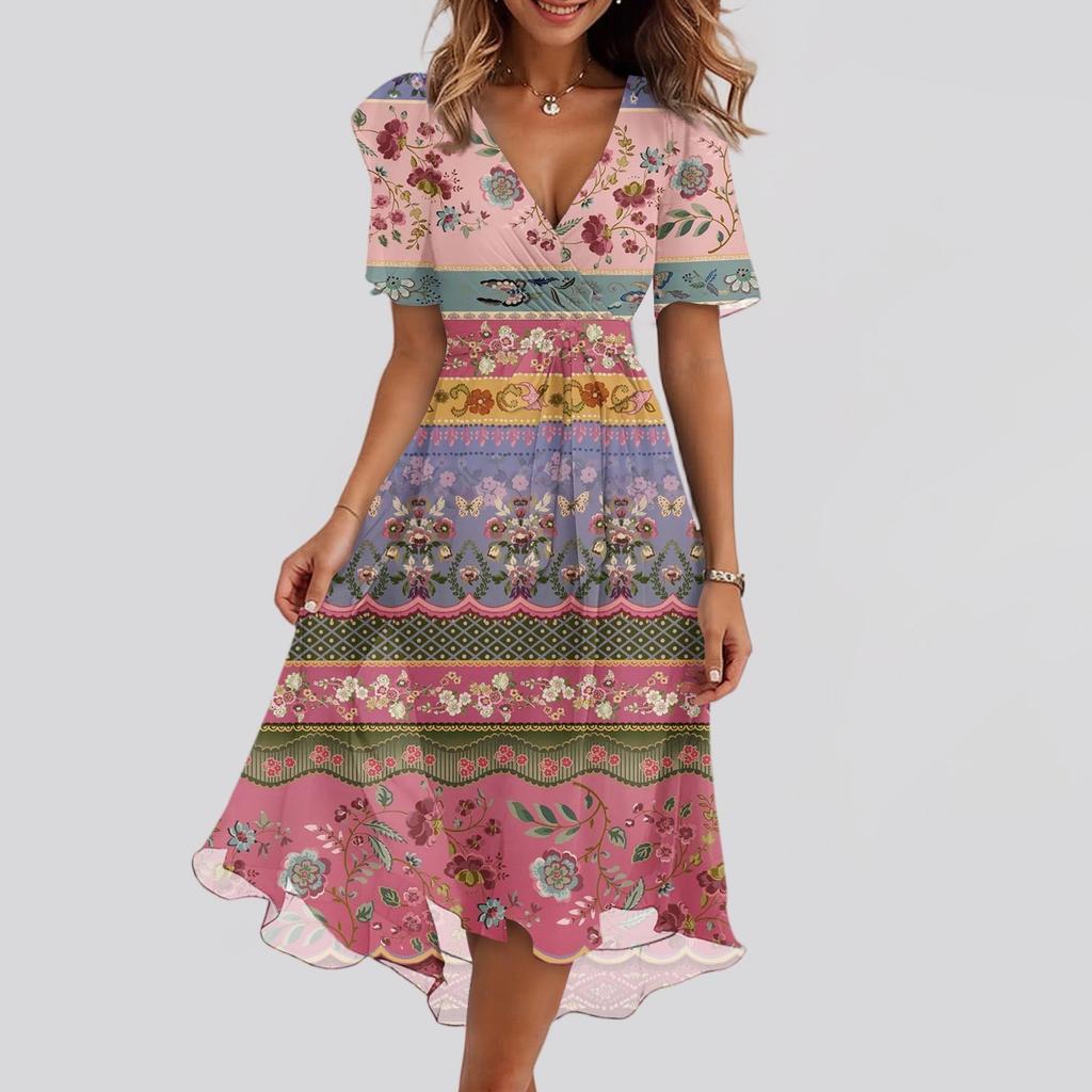 Women's Fashion Casual V Neck Short Sleeve Ruffled Vintage Printed Dresses
