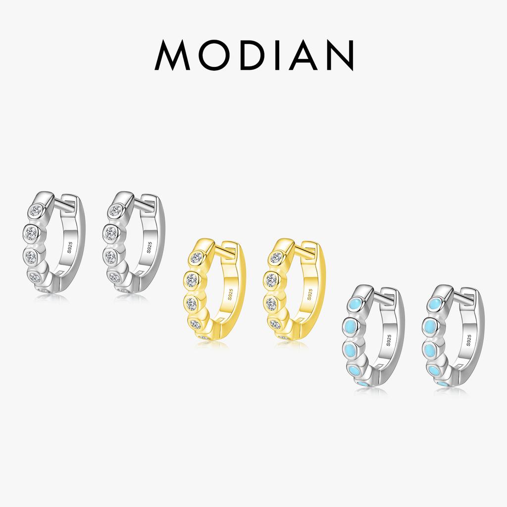 Modian Silver Turquoise Tiny Earring Real 925 Silver Round Clear CZ Hoop Earrings For Women Girl Party Fine Jewelry