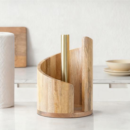 Wood Paper Towel Holder One-Handed Operation Easy Access Paper Towel Stand Farmhouse Kitchen Decor Accessory