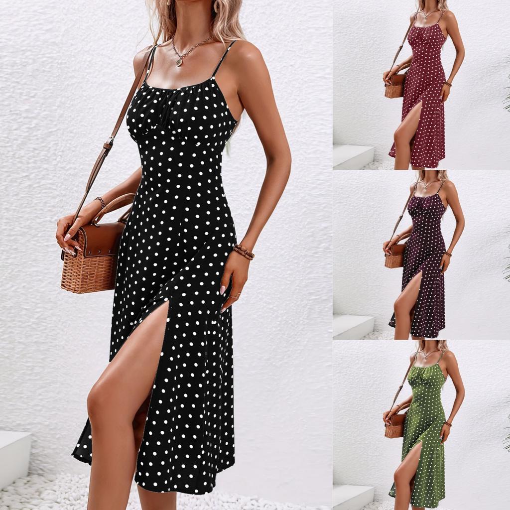 2025 Bohemian Dress Sexy Suspender Split Polka Dot Dress