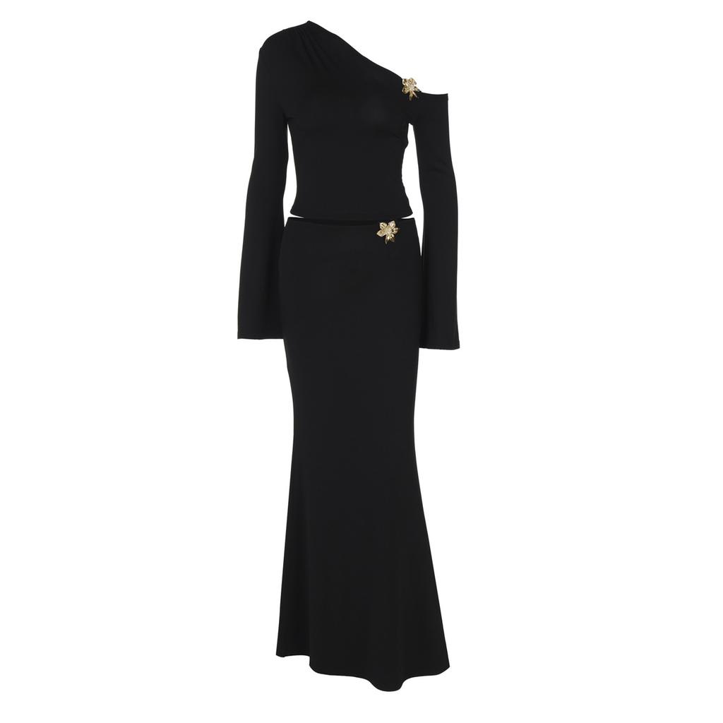 Women's Autumn Fashion Personality Oblique Shoulder Metal Decoration Flared Sleeve Top High Waist Skirt Set