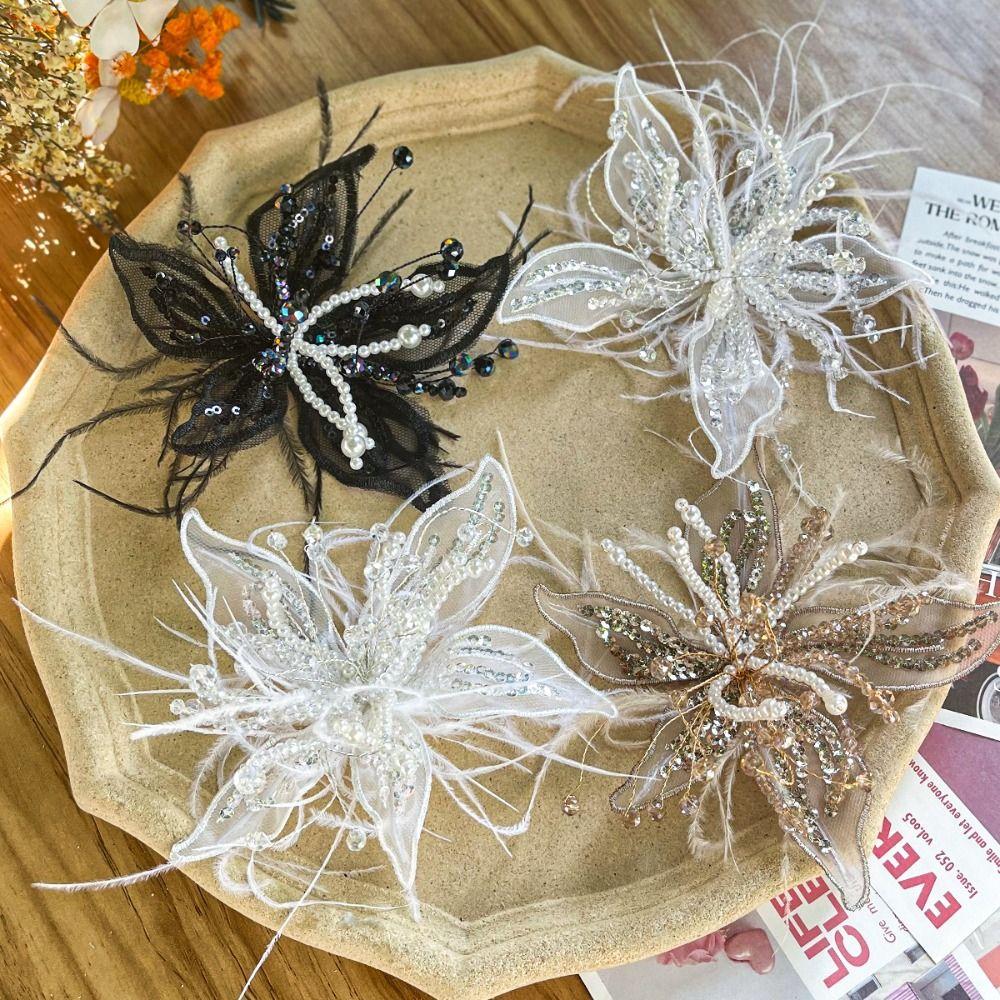 Crystal Flower 3D Organza Flower Patch Feather Pearl Embroidery Patch  Dress Decoration