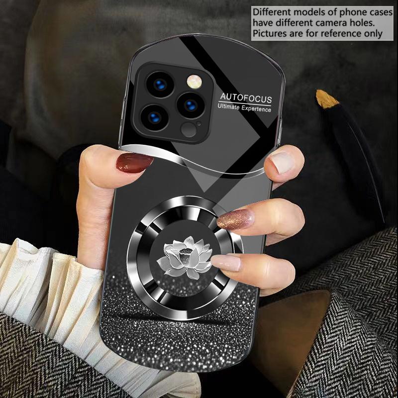 Circle Lotus Golden Dot For iPhone 16 15 14 13 Plus 12 mini 11 Pro Max XR Xs X 7 8 6 6S 22 Elliptical Tempered Glass Phone Case