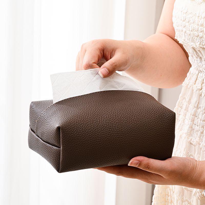 Creative Lychee Pattern Leather Tissue Box - Waterproof, Stain-proof, and Soft Upholstered for Home, Car, or Desktop Luxury Storage.