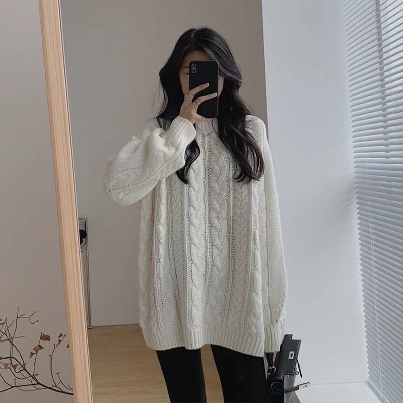 Soft Waxy Solid Color Twist Sweater for Women's Autumn and Winter New Loose Retro Lazy Style High-end Blue Pullover Top for Women