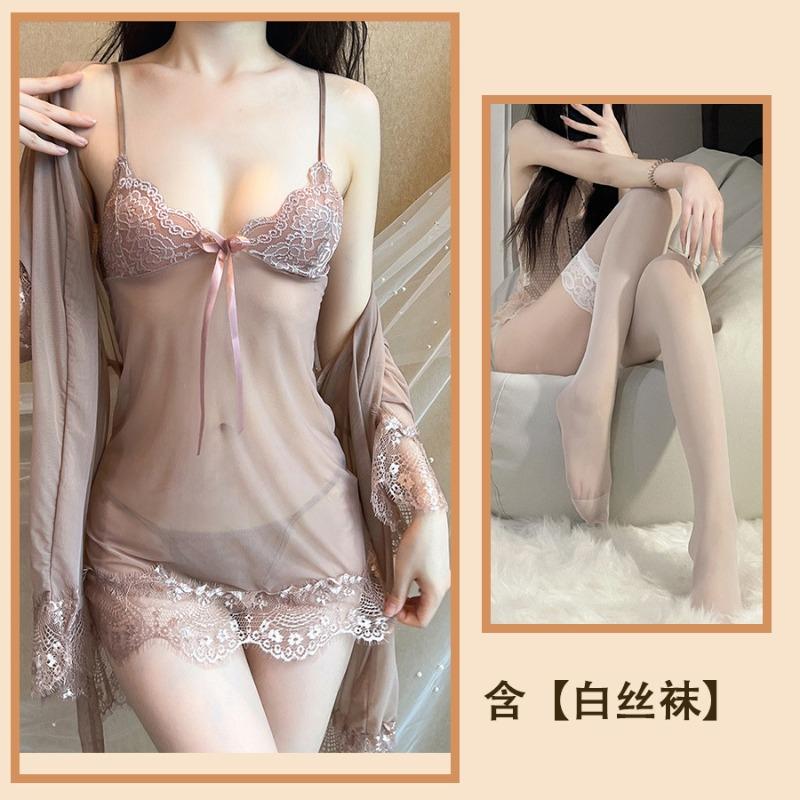 Sexy Women's Pajamas, Be Careful, Large Size Lace Mesh Yarn, Pure Desire Wind, Hot Transparent Robe, Four-piece Home Furnishing