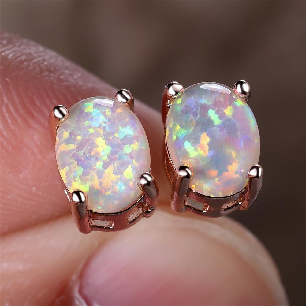 Green Blue White Opal Small Oval Stone Stud Earrings For Women Vintage Rose Gold Color Wedding Jewelry Bridal Engagement Gifts