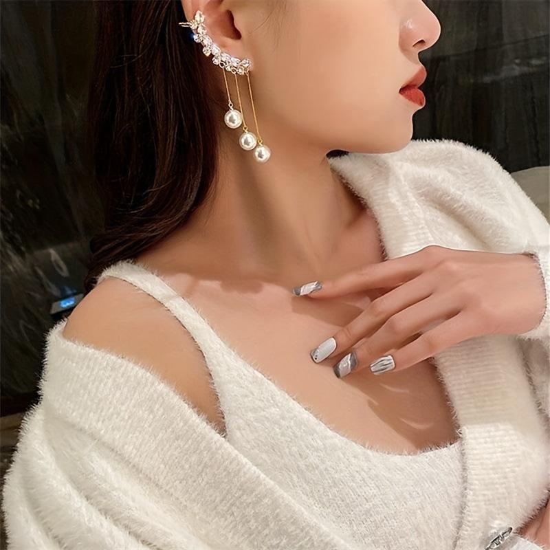 Korean Fashion Pearl Rhinestone Tassel Earrings