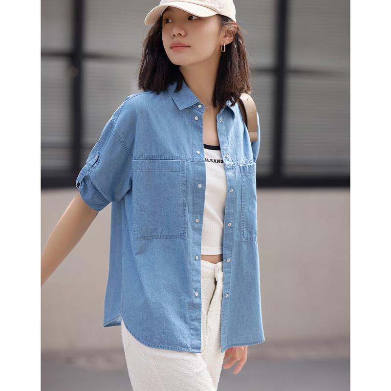 Damen Jeanshemd mit Umlegekragen und aufrollbaren Ärmeln
