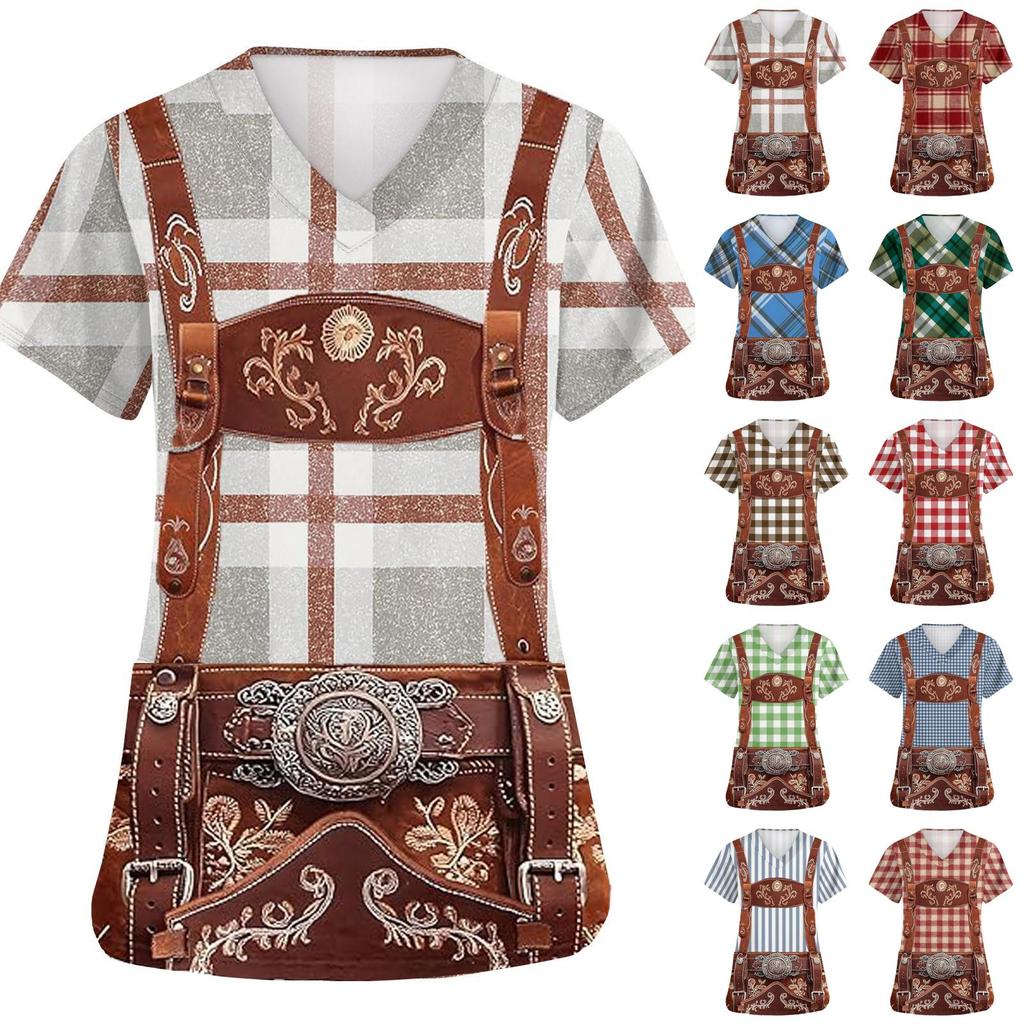 Women's V Neck Short Sleeve Work Shirt with Pockets Oktoberfest Print Top Medical Nurse Uniform Scrub Tee for Healthcare Professionals