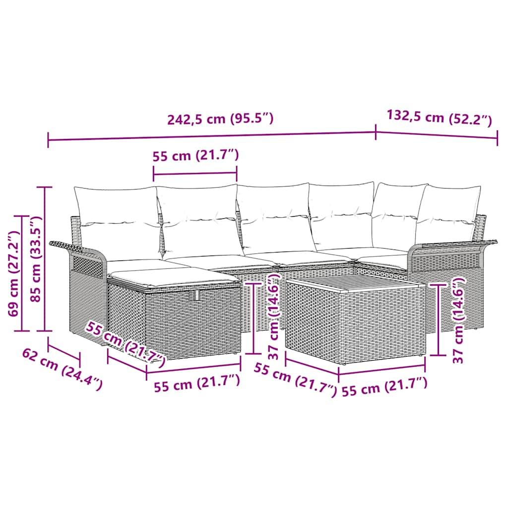 7 Piece Garden Sofa Set with Cushions Black Poly Rattan