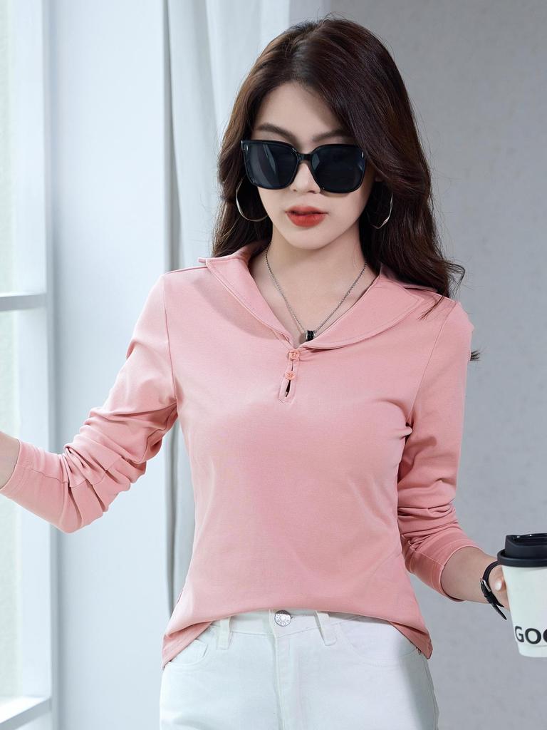 Women's Slimming Long Sleeve Turn-Down Collar T-Shirt - New Autumn Versatile Fashion Top 2025