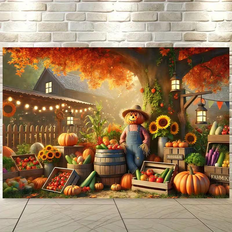2D Flat Fall Scarecrow Pumpkin Harvest Farm Backdrop Autumn Photo Background 47.2x31.5inch/120*80cm