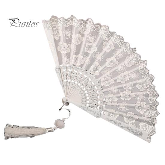 Elegant Handheld Fan Retro Lace Folding Portable Lightweight Chinese Dance Cherry Blossom Silk Cloth Pattern Women's with Tassel for Performance