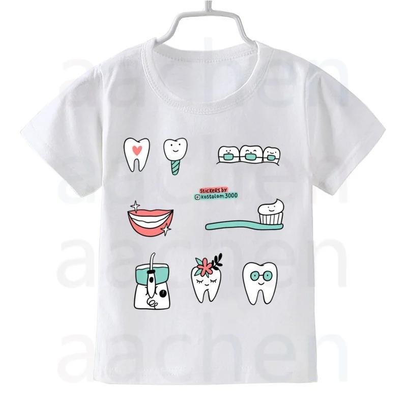 Tooth Dentist Cartoon Print Kid Cute White T Shirt Children Short Sleeve Clothing Funny Cartoon Party Top Boys and Girl Tshirt