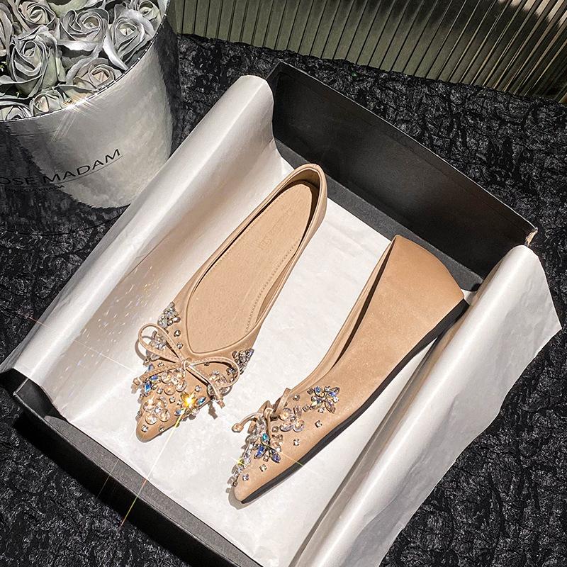 Fashion Flat Shoes for Women 2025 New Style Pointed Bow Water Diamond Women's Interior Height Plus Size Women's Shoes 41-43