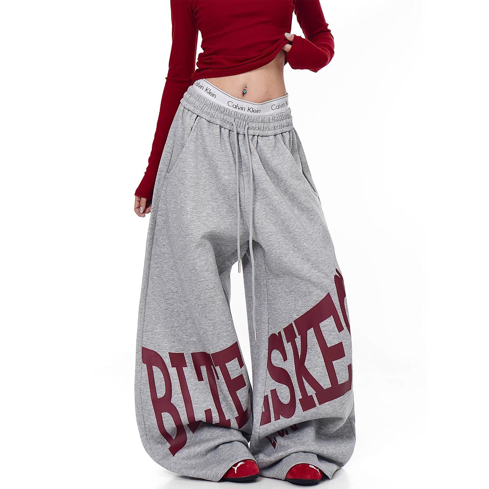 

Unisex Street Style Large Letter Print Drawstring Sweatpants - Casual Hip Hop Loose Wide Leg Pants Extra Large сірий колір