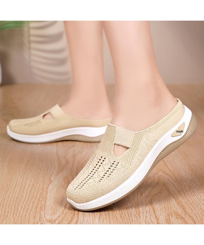 Women's Versatile Breathable Slip-On Closed-Toe Mesh Flyknit Casual Half Slippers with Soft Soles.