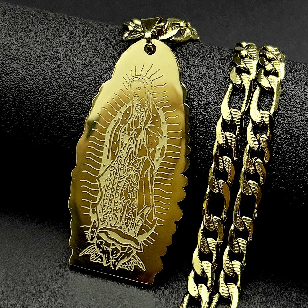 Virgin Mary Pendant Necklace for Women Men Stainless Steel Gold Plated Our Lady of Guadalupe Catholic Necklaces Amulet Jewelry