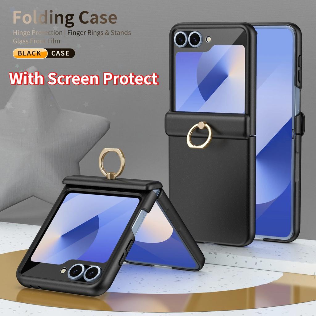 Custodia protettiva con anello kickstand e cerniera in PC, effetto pelle, per Samsung Galaxy Z Flip 8 7 FE 6 5 con Pellicola Protettiva Schermo in Vetro Temperato