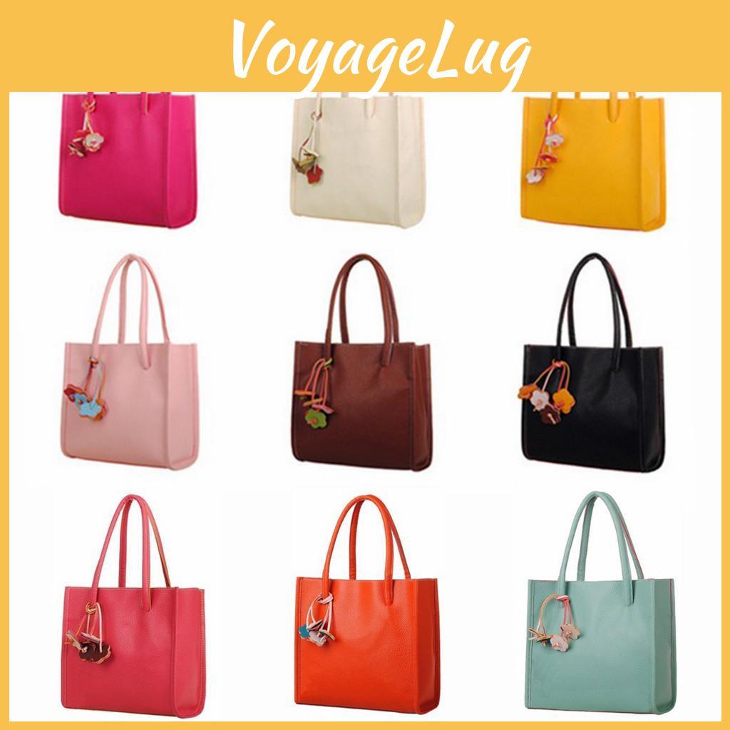 Trendy Candy Color Pu Leather Handbag For Women With Floral Shoulder Strap