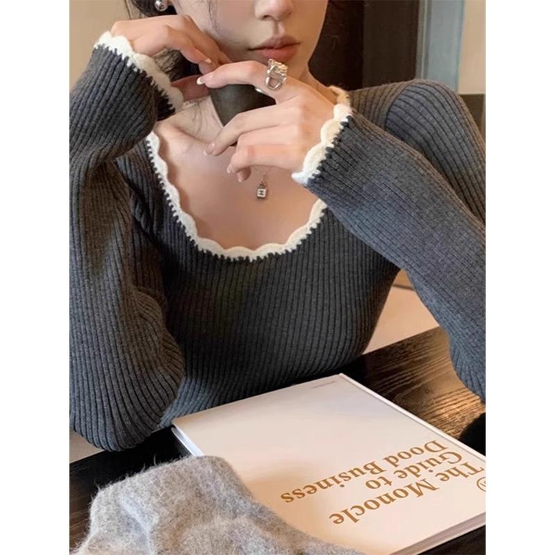 Contrast color square neck lace knitted sweater women's spring new slim-fit Spice Girl long-sleeved inner top bottoming shirt