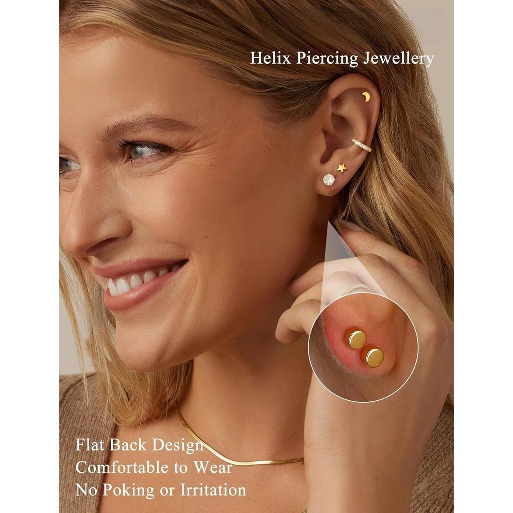 Bobisty 12 Paia Orecchini con Dorso Piatto per Donne Acciaio Chirurgico 316L Orecchini a Bottone Cerchi Set da Impilare Gioielli per Piercing Cartilagine Helix