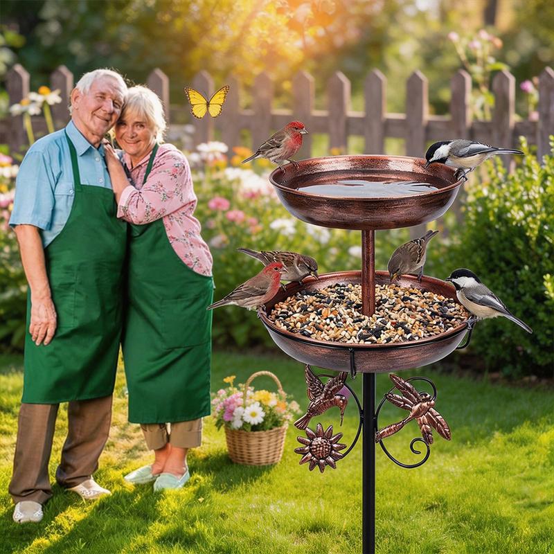 1Pc Vintage 2-Tier Iron Bird Bath & Feeder Combo – Rust-Proof 5-Claw Ground Stake, All-Weather Outdoor Garden Decor for Hummingbirds & Sparrows