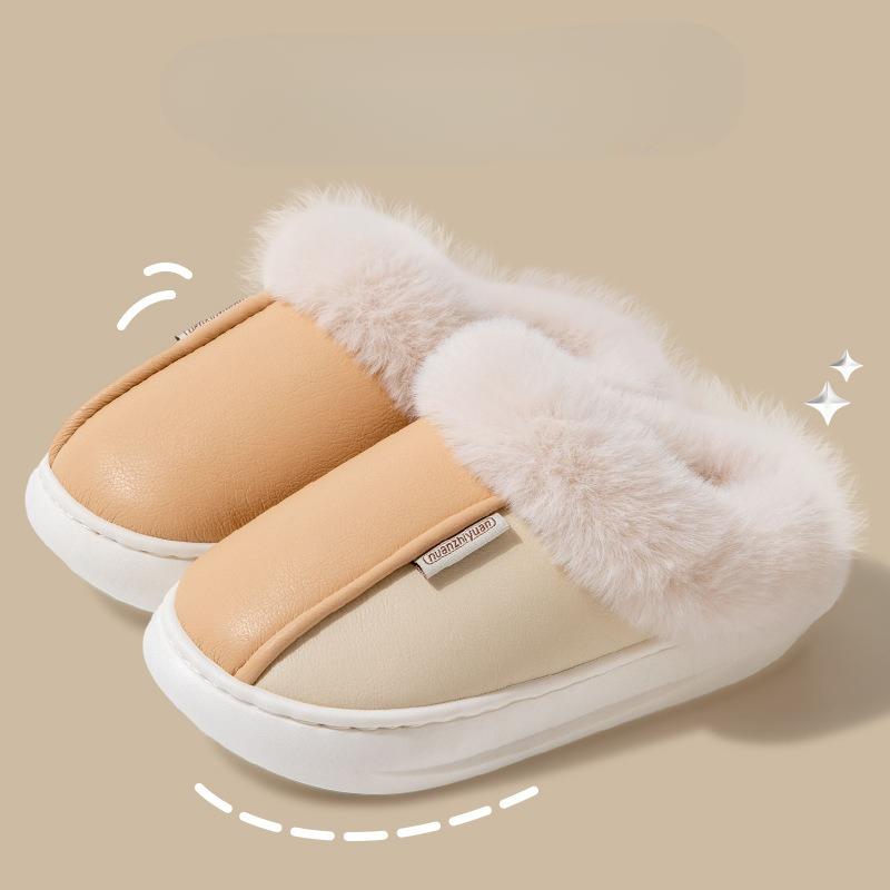Winter Warme Zuhause Pelz Damen Hausschuhe Luxus Wasserdicht PU Leder Plüsch Paar Baumwollschuhe Indoor Schlafzimmer Flache Absätze Flauschiger Slipper