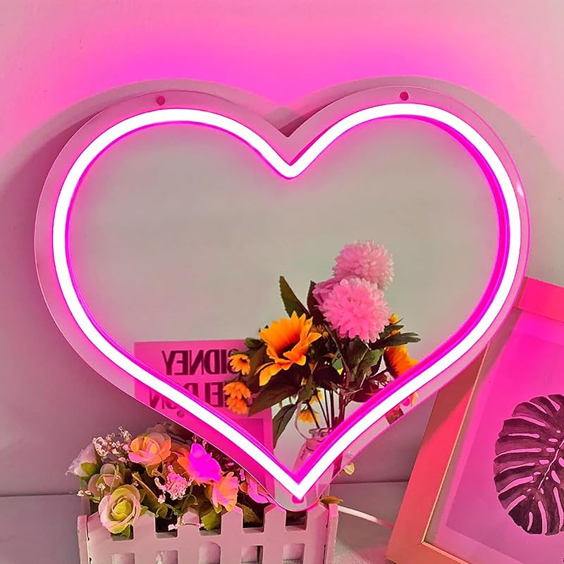 Beauty Neon Mirror Sign for Wall Decor USB Powered LED Pink Neon Light Heart Neon Light Signs for Girl's Room Bedroom Salon Decor Wedding Birthday