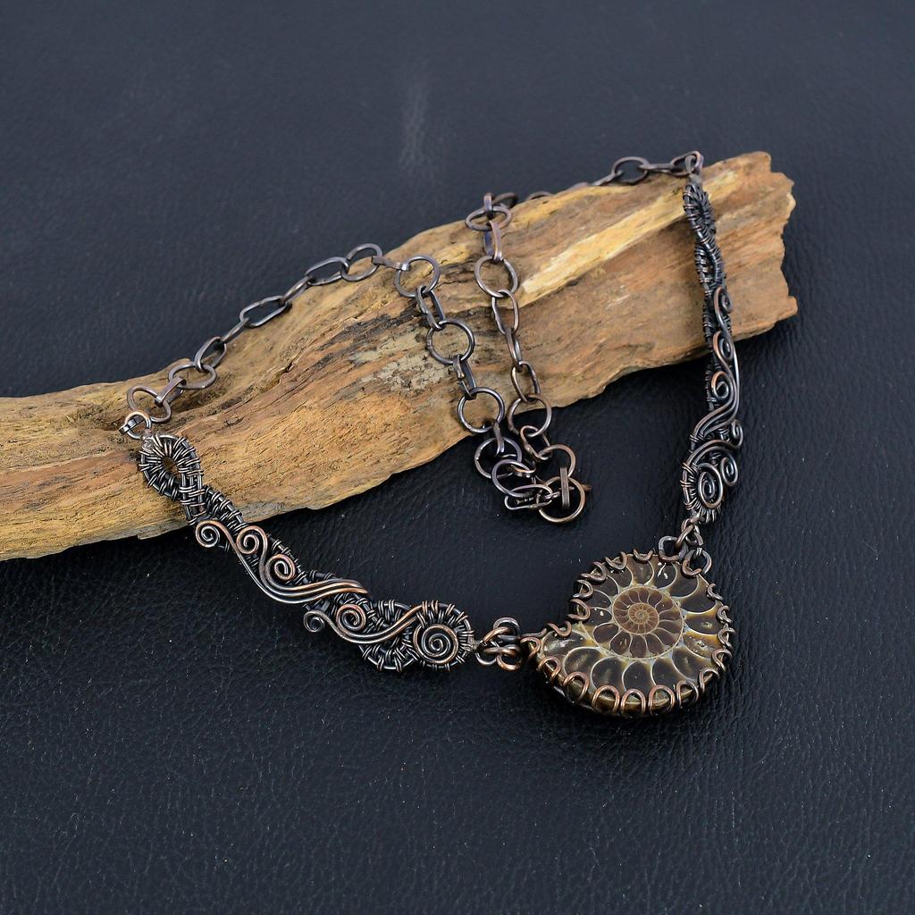 Ammonite Fossil 999 Copper Wire Wrapped Necklace with Adjustable Chain, Handmade Gemstone Jewelry Necklace For Memorial Day