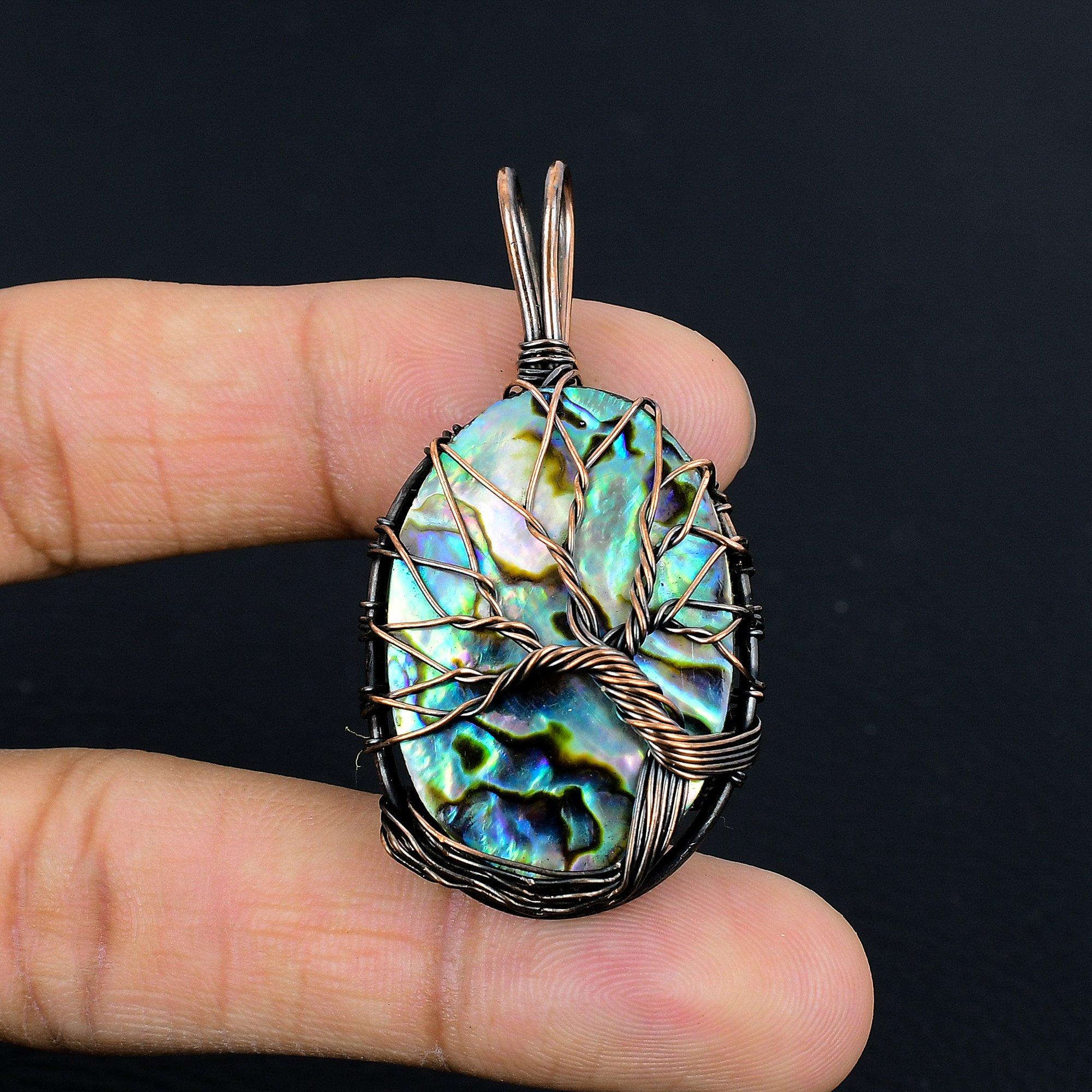 

Tree Of Life Abalone Shell 999 Copper Wire Wrapped Pendant, Handmade Gemstone Pendant Jewelry, Gifts For Wife Brand New Pendant 2.55 Inches