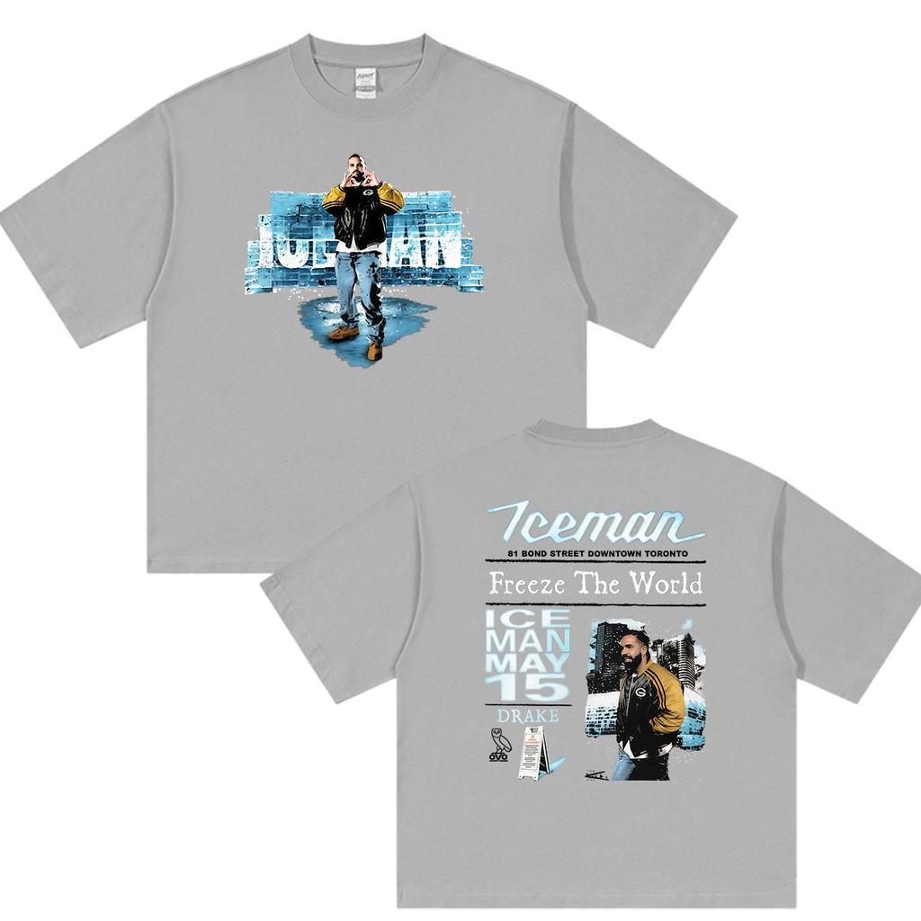 Rappeur Drake Iceman Freeze The World Graphisme d'Album T-shirts Homme Mode Vintage Hip Hop Coton Surdimensionné T-shirt